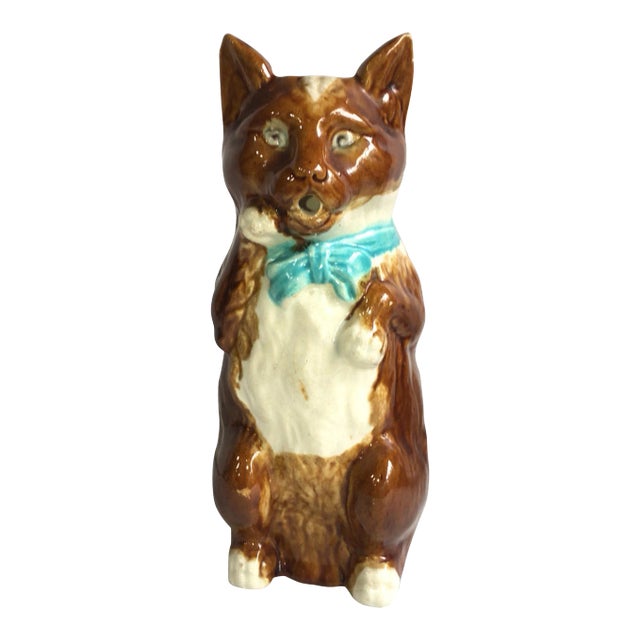 French Majolica Cat with Mandolin Pitcher with Blue Ribbon, circa 1890 For Sale