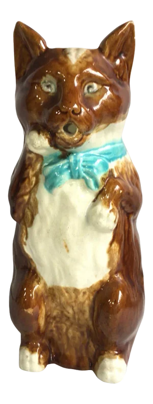 French Majolica Cat with Mandolin Pitcher with Blue Ribbon, circa 1890
