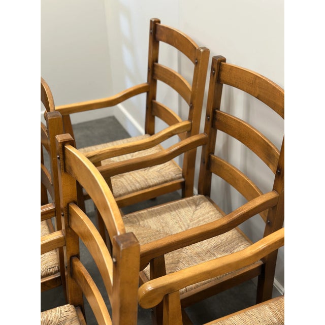 Large French Oak Dining Armchairs with Rush Seats, 1970s, Set of 5 For Sale - Image 9 of 15