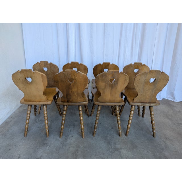 Vintage Tyrolean Farmhouse Heart Cutout Wooden Dining Chairs, 1970s, Set of 8 For Sale - Image 6 of 18