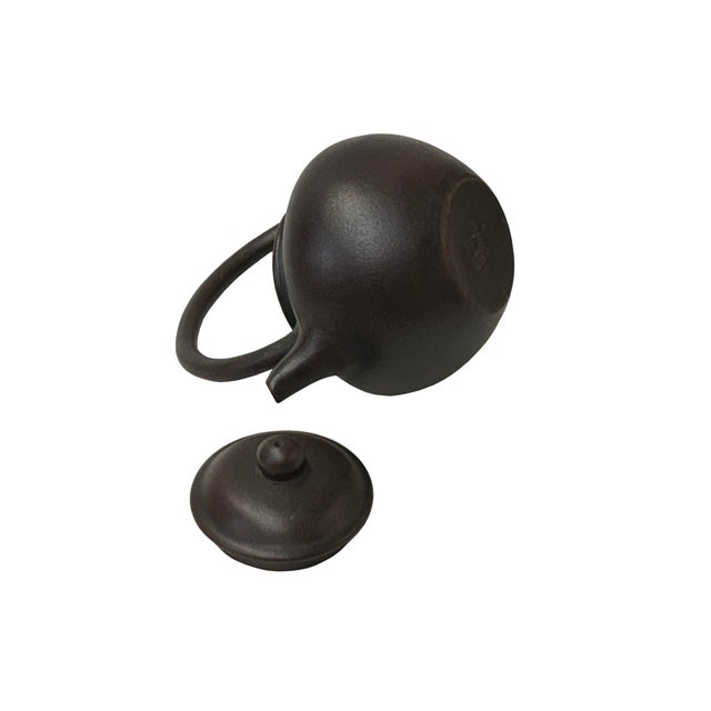 1980s Chinese Handmade Dark Brown Zisha Clay Arch Handle Display Teapot Art For Sale - Image 5 of 13