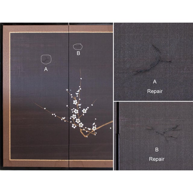 1960s Shōwa Era Japanese Silk Byobu Screen, Blue-and-White Flycatcher and Sakura For Sale - Image 14 of 16