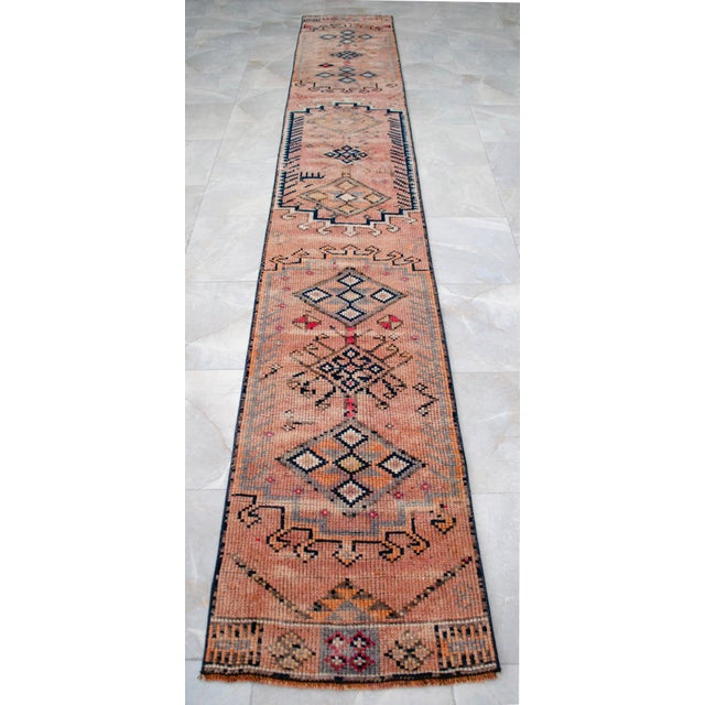 Peach 1960s Runner Turkish Hand-Knotted Rug Peach Hallway Decor Kitchen Floor Accent 2x13 Ft Approx For Sale - Image 8 of 15