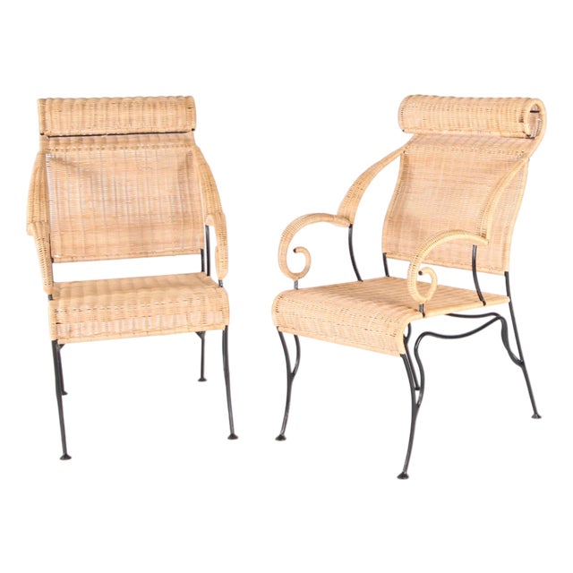 Wicker and Blackened Iron Armchairs, 1990s, Set of 2 For Sale