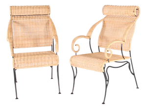 Wicker and Blackened Iron Armchairs, 1990s, Set of 2