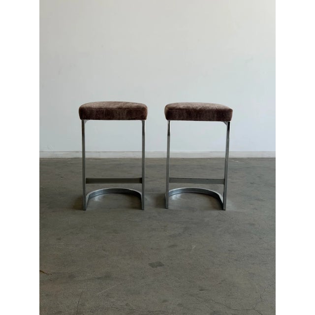 Vintage Cantilevered Bar Stools in Mohair - Pair For Sale In Los Angeles - Image 6 of 10