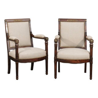 English 19th Century Empire Revival Upholstered Armchairs with Palmettes For Sale