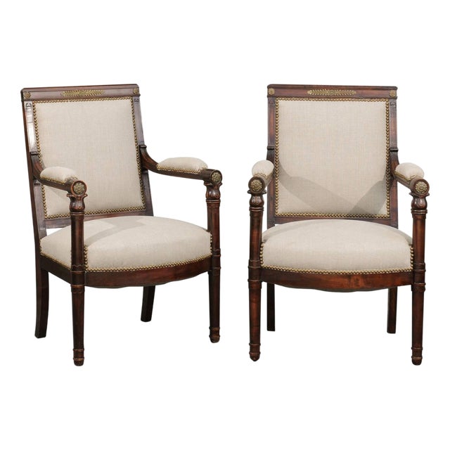 English 19th Century Empire Revival Upholstered Armchairs with Palmettes For Sale