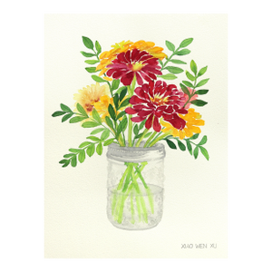 Zinnia Bouquet in Glass Jar III - Color Drenched Floral Watercolor Still Life by Xiao Wen Xu
