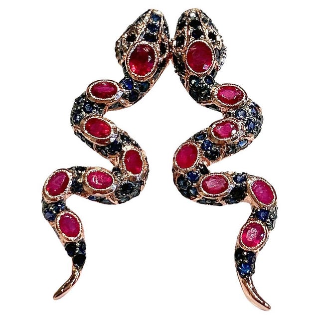Bochic “Orient” Vintage Ruby & Multi Sapphire Serpent Earrings Set In 18K Gold & Silver Natural Rubies - 4 carat Natural...
