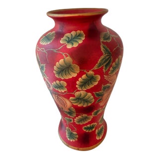Hand-Painted Red Chinoiserie Style Vase With Birds & Pomegranate Motif For Sale