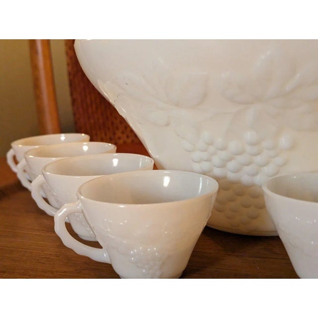 Late 20th Century Anchor Hocking Mid Century Milk Glass Grape Design Punch Bowl - 16 Pieces For Sale - Image 12 of 12