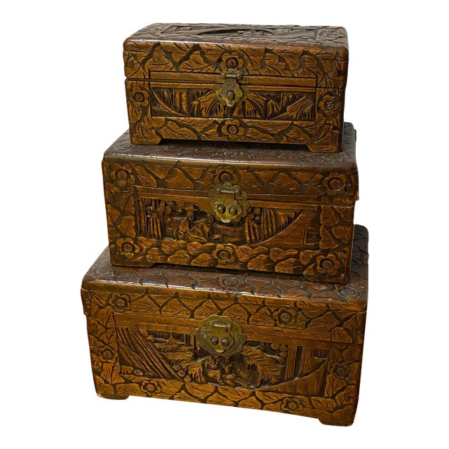 Mid 20th Century Vintage Asian Large Handmade Carved Wooden Boxes Set of 3 For Sale