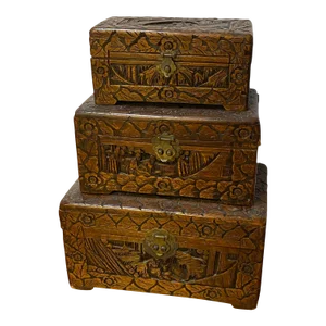 Mid 20th Century Vintage Asian Large Handmade Carved Wooden Boxes Set of 3