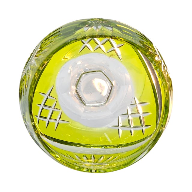 Glass Exquisite Bohemian Bohemian Lime Green Cut to Clear Wine Glass With Fans Floral Design For Sale - Image 7 of 11