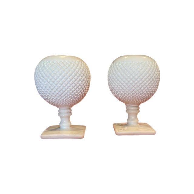 Glass Vintage Westmoreland Milk Glass Hobnail Ivy Bowl Pedestal Vase Pair, 7" For Sale - Image 7 of 11
