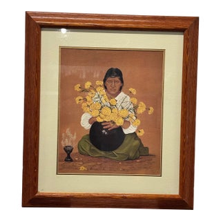 A Seated Indigenous Figure Holding a Large Cluster of Yellow flowers.Artist: Héctor Decont (Mexican, 20th Century) For Sale