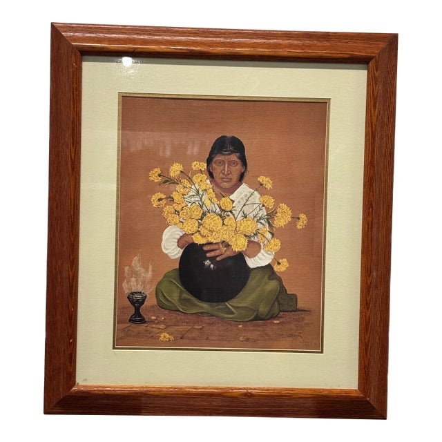 A Seated Indigenous Figure Holding a Large Cluster of Yellow flowers.Artist: Héctor Decont (Mexican, 20th Century) For Sale