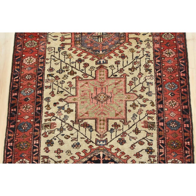 1970s Karajeh Runner 3'6'' X 10'6'' Ivory Wool Tribal Semi-Antique Hand-Knotted Rug For Sale - Image 5 of 15