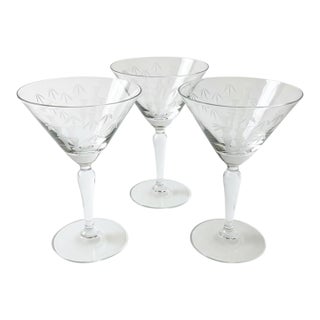 Mid 20th Century Mid Century Modern Sasaki Noritake Bamboo Etched Crystal Martini Cocktail Stemmed Glasses - Set 3 For Sale
