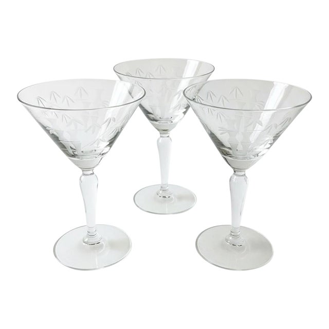 Mid 20th Century Mid Century Modern Sasaki Noritake Bamboo Etched Crystal Martini Cocktail Stemmed Glasses - Set 3 For Sale