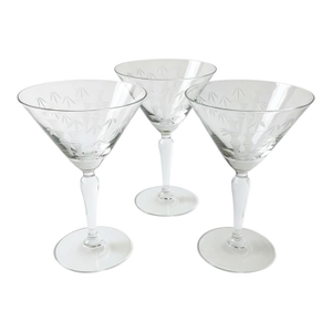 Mid 20th Century Mid Century Modern Sasaki Noritake Bamboo Etched Crystal Martini Cocktail Stemmed Glasses - Set 3