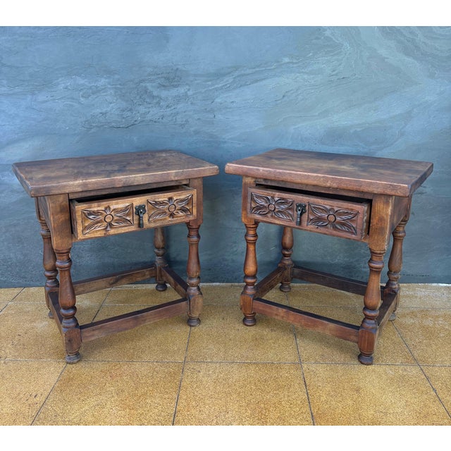 Pair of Spanish Rustic Bedside Tables With Carved Drawers, Mid-20th Century For Sale - Image 6 of 11