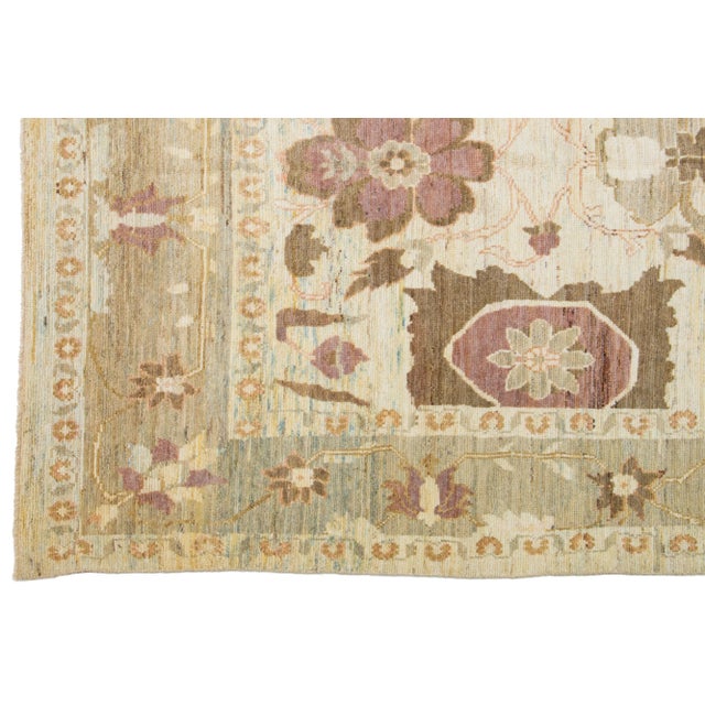 2010s Allover Floral Contemporary Oushak Style Handmade Wool Rug in Beige For Sale - Image 5 of 8