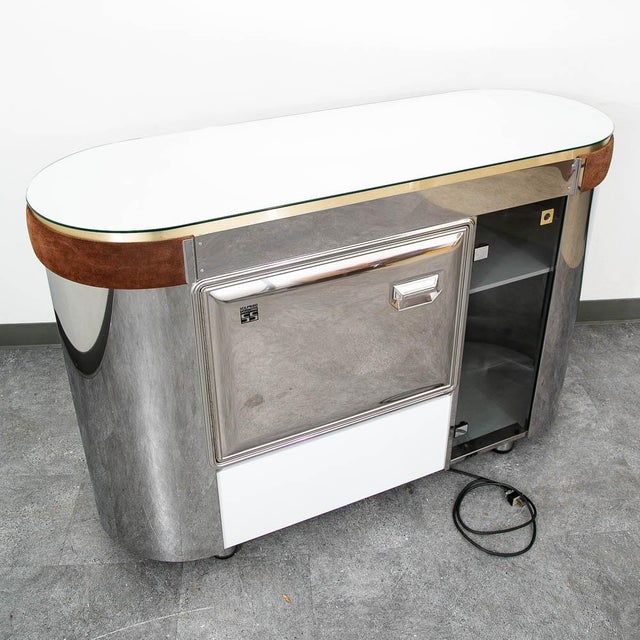 Mid Century Modern Bar Cabinet Mirrored 1970s Fridge Italy Willy Rizzo Suede MCM For Sale - Image 4 of 10