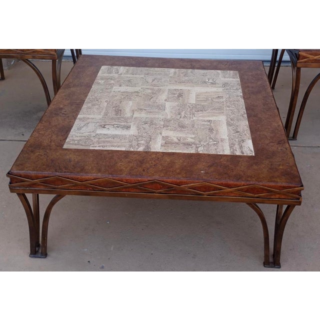 Contemporary Vintage Tessellated Cork & Travertine Coffee Table – Brass/Metal Base – Maitland Smith Style – 1970s Postmodern For Sale - Image 3 of 3