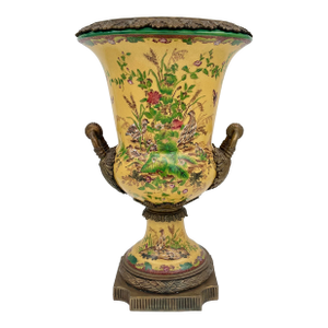 Vintage Chinoiserie Bronze Ormolu Mounted Yellow Porcelain Vase