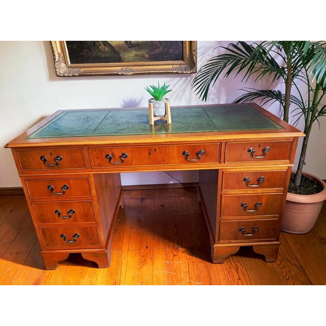 Vintage Twin Pedestal Desk in Yew Wood and Leather Top, 1980 For Sale - Image 4 of 18