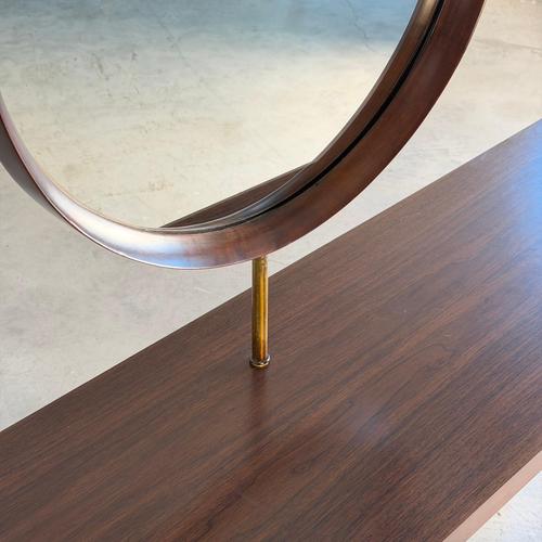 1950s Mid-Century Italian Walnut Vanity Console with Brass Legs and Circular Mirror, 1950s For Sale - Image 5 of 17