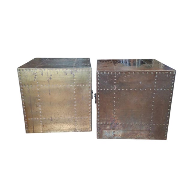 Pair of Sarreid, Ltd. Riveted Brass Clad Cube Occasional Tables For Sale In San Francisco - Image 6 of 12