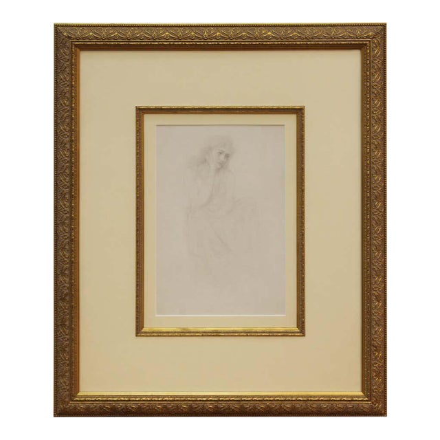 Academic Pencil Drawing of Pensive Woman, Framed For Sale
