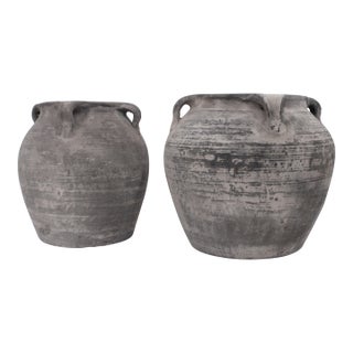 Pair of Vintage Distressed Pottery Cache Pots, Vessels / Matt Gray For Sale