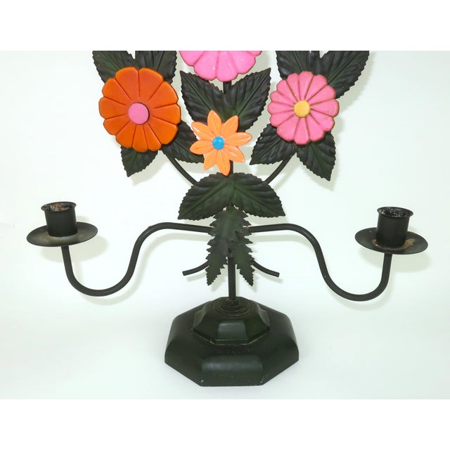 Flower power! Mid 20th century metal candle holder or candelabra decorated with mod Brady Bunch style flowers in a...