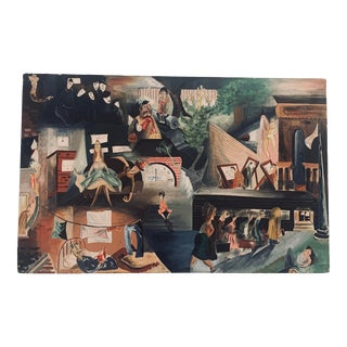 1950s Vintage Mid Century Pratt Institute Tempera Art Scene For Sale