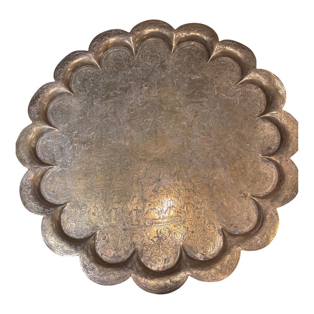 Large Hand Engraved Indian Tray With Scalloped Edge 27.5" For Sale