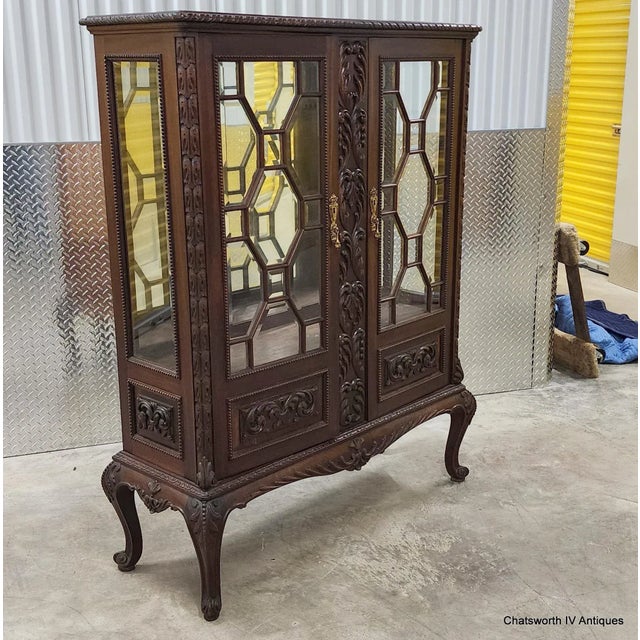 Antique Carved Mahogany French Victorian Style Curio Display Cabinet C1940s For Sale - Image 14 of 15