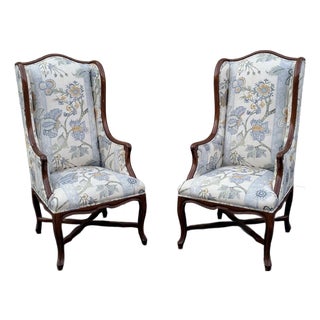 Henredon Louis XV Style Cowtan & Tout "Scrolling Floral Stripe" Walnut High Back Wing Chairs- A Pair For Sale