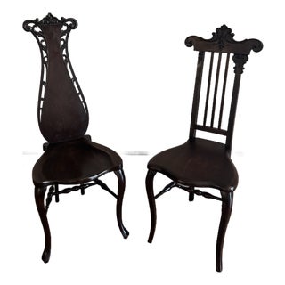 Pair of Antique 19th Century Music Room Chairs | String Instrument Lyre Form Carved Wood Side Chairs | Victorian Parlor Chairs For Sale