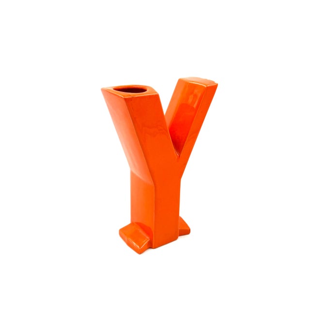 Ceramic Space Age Orange Y Letter Shaped Ceramic Solifleur Vase, Marcel Radureau France, Circa 1970 For Sale - Image 7 of 13