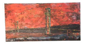 Large Vintage Abstract Bridge Painting Mid Century Signed