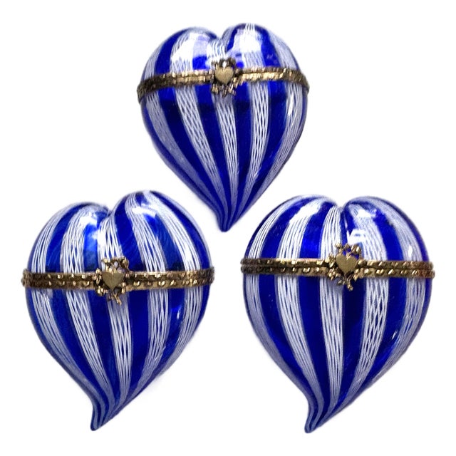 Vintage Marano Glass Heart Shaped Boxes Set of Three For Sale