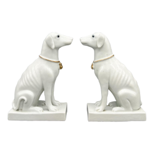 Vintage Porcelain Greyhound Dog Figurines – White With Gold Collars – Neoclassical / English Regency / Hollywood Regency