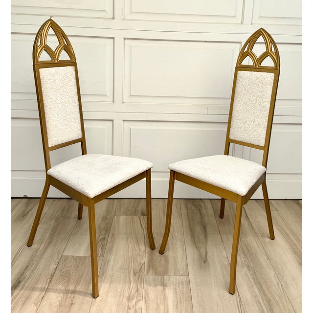 Gothic Set of 6 Hollywood Regency Gothic Revival Gilt Dining Chairs With Bouclé Upholstery For Sale - Image 3 of 18
