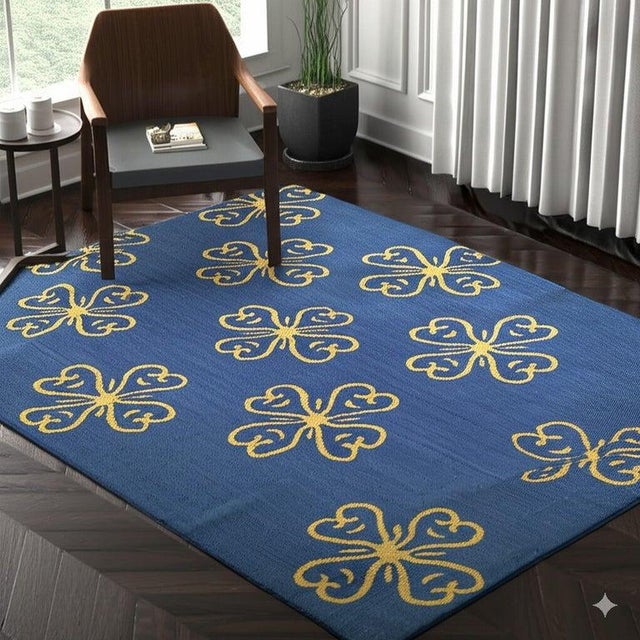 9x12 Blue Handwoven Wool Stylized Clover Motif Geometric Modern Carpet Rug For Sale In New York - Image 6 of 7