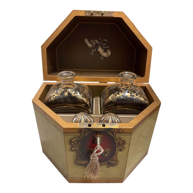 Vintage Italian Florentine Style Hand-Painted Wooden Tantalus & Decanter Set - 5 pcs For Sale