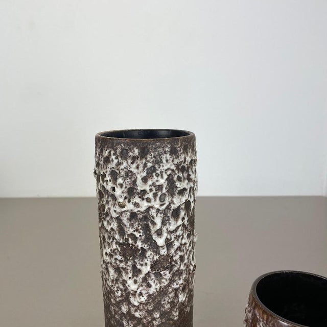 1970s Set of Two Pottery Fat Lava Vases Crusty Brown-White from Jopeko, Germany, 1970s, Set of 2 For Sale - Image 5 of 18